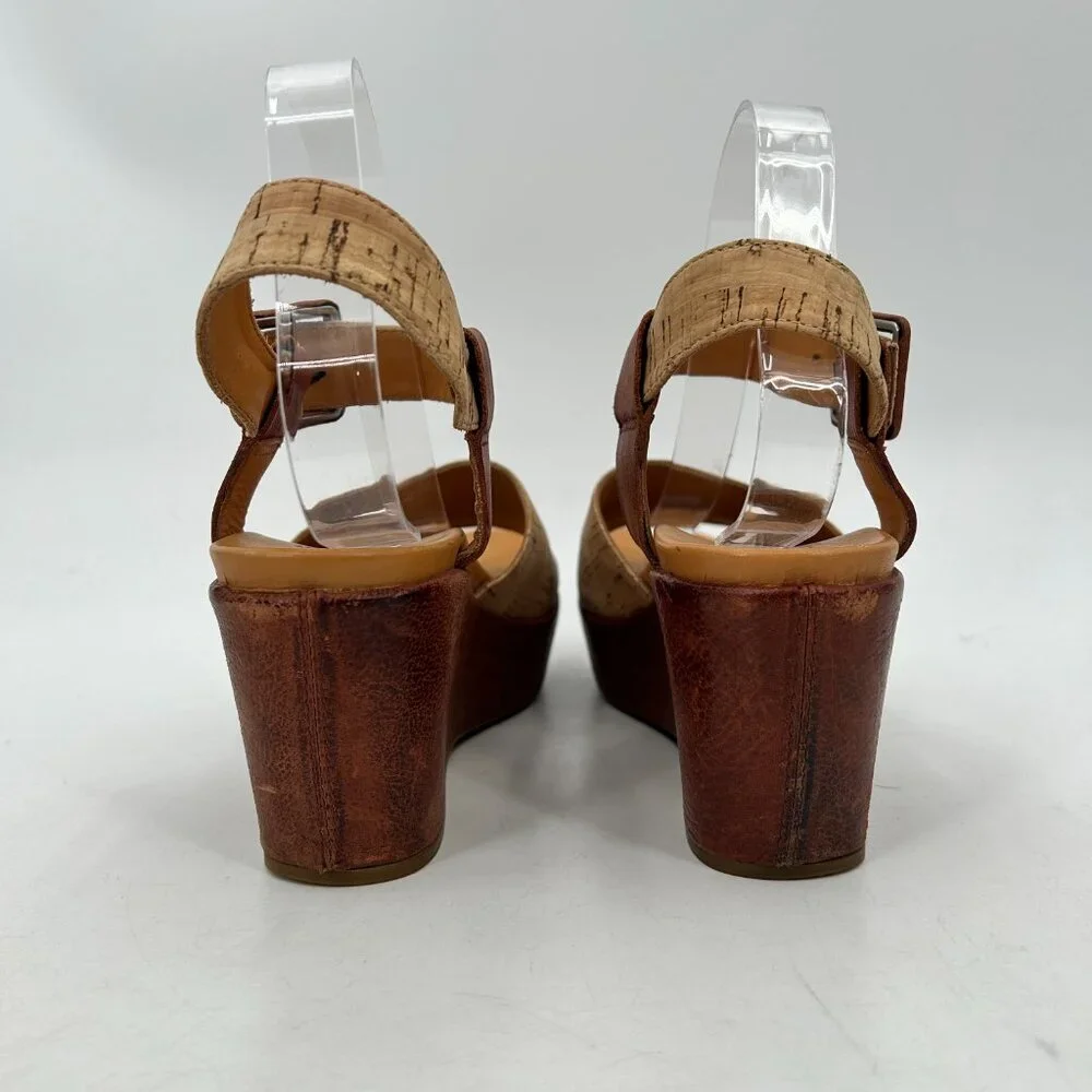 KORK-EASE Keirn Tan Brown Cork Leather Platform Wedge Sandals Shoes Size 9